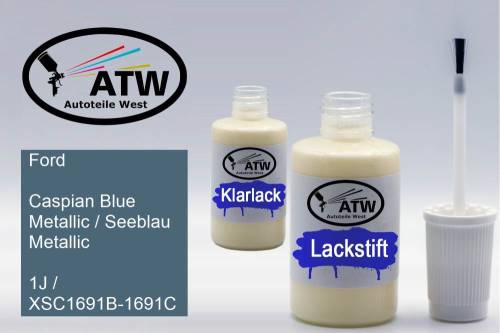 Ford, Caspian Blue Metallic / Seeblau Metallic, 1J / XSC1691B-1691C: 20ml Lackstift + 20ml Klarlack - Set, von ATW Autoteile West.